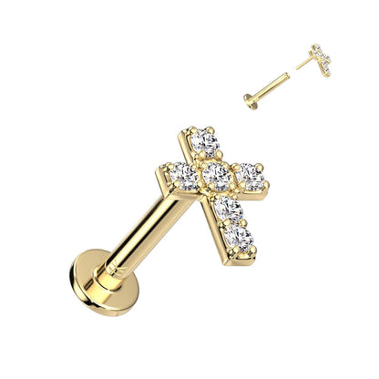 Solid Gold 14 Carat Labret Cross Zirconia Push-In