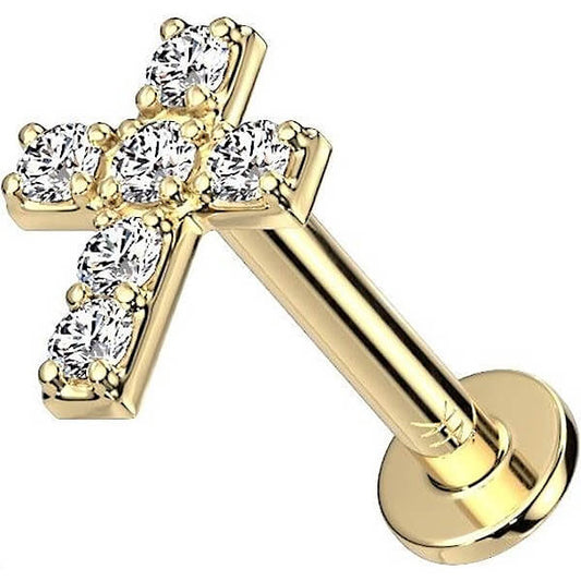 Solid Gold 14 Carat Labret Cross Zirconia Push-In