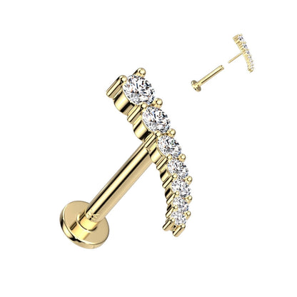 Solid Gold 14 Carat Labret Curved Bar Zirconia Push-In