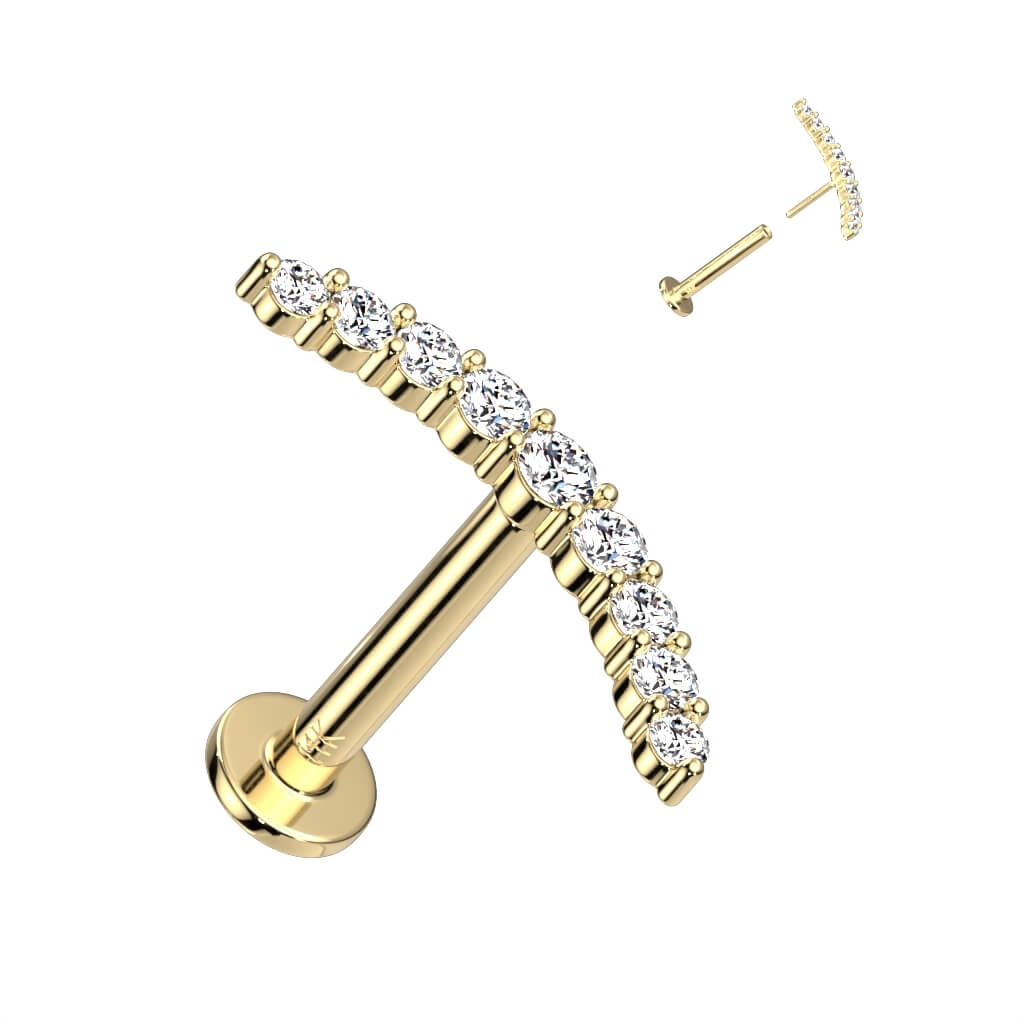 Solid Gold 14 Carat Labret Curved Bar Zirconia Push-In