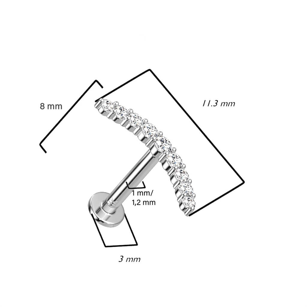 Solid Gold 14 Carat Labret Curved Bar Zirconia Push-In