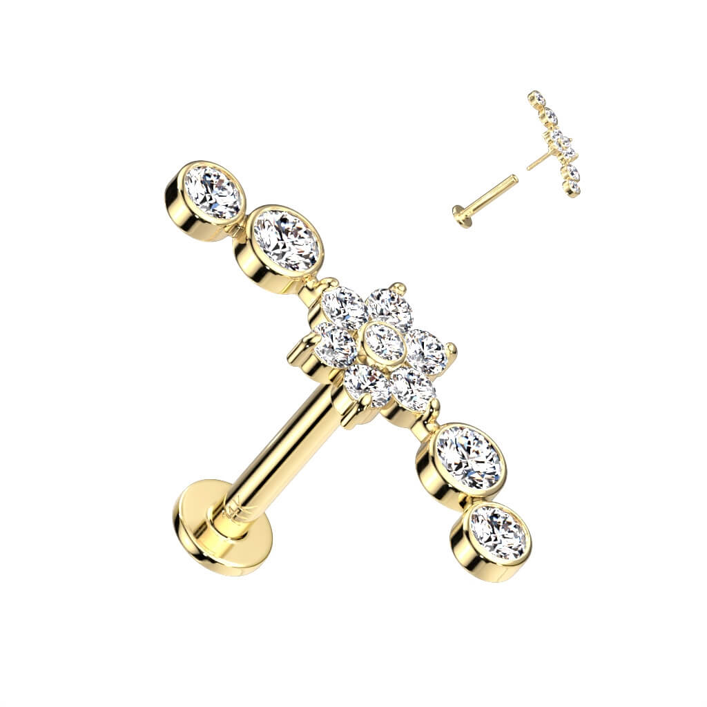 Solid Gold 14 Carat Labret Flower Zirconia Push-In