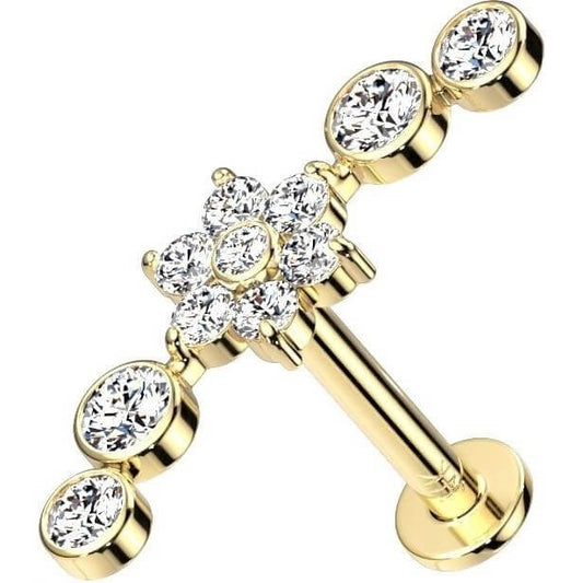 Solid Gold 14 Carat Labret Flower Zirconia Push-In