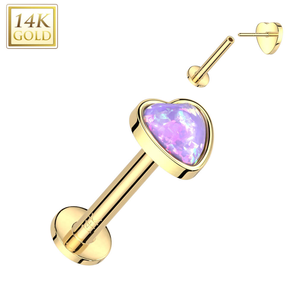 Złoto 585 labret serce opal push-in