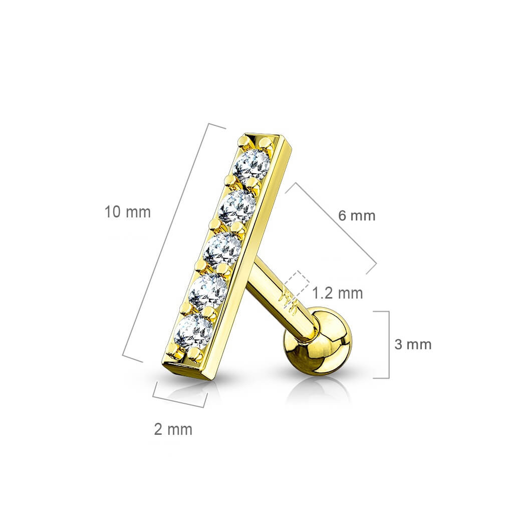 Solid Gold 14 Carat Barbell Bar Zirconia