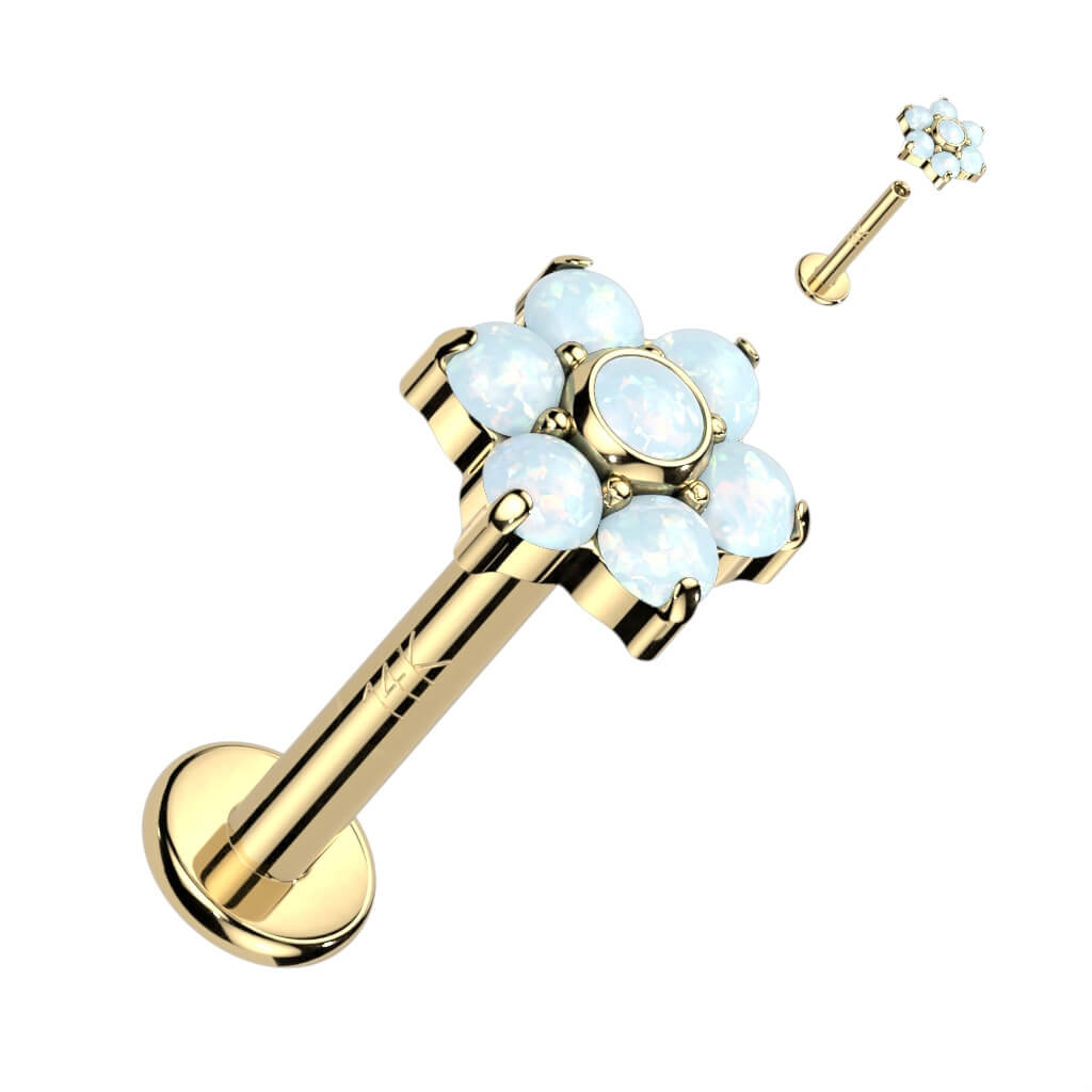 Solid Gold 14 Carat Labret Flower Zirconia Opal Internally Threaded