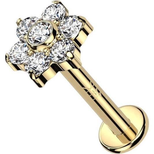 Or 14kt Labret Fleur Zircone Opale Filetage Interne