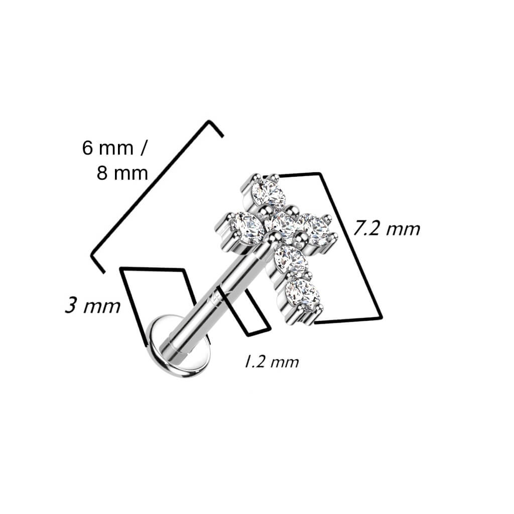 Solid Gold 14 Carat Labret Cross Zirconia Internally Threaded