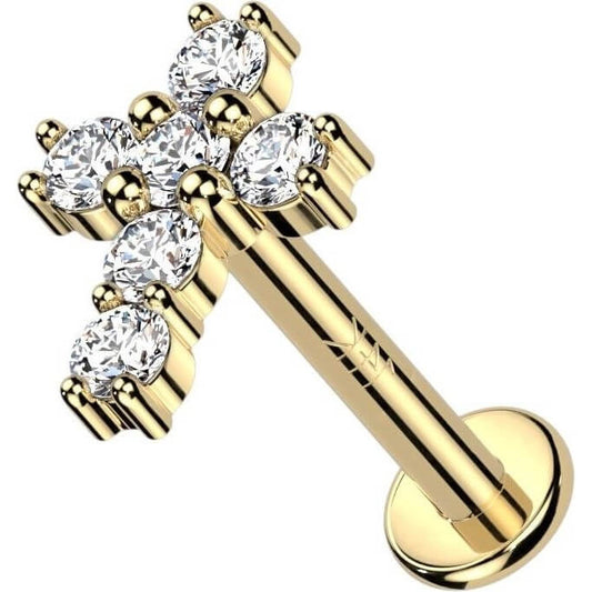 Solid Gold 14 Carat Labret Cross Zirconia Internally Threaded