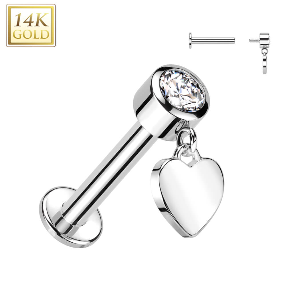 Or 14kt Labret Cœur Zircone Serti Clos Filetage Interne