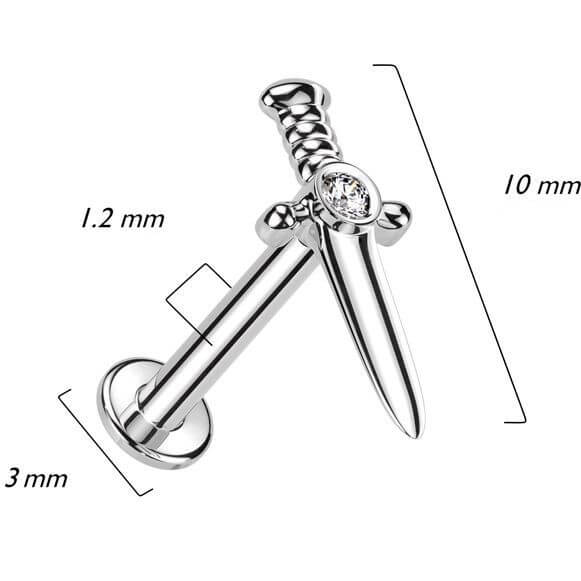 Złoto 585 labret sztylet cyrkonia gwint wewnętrzny