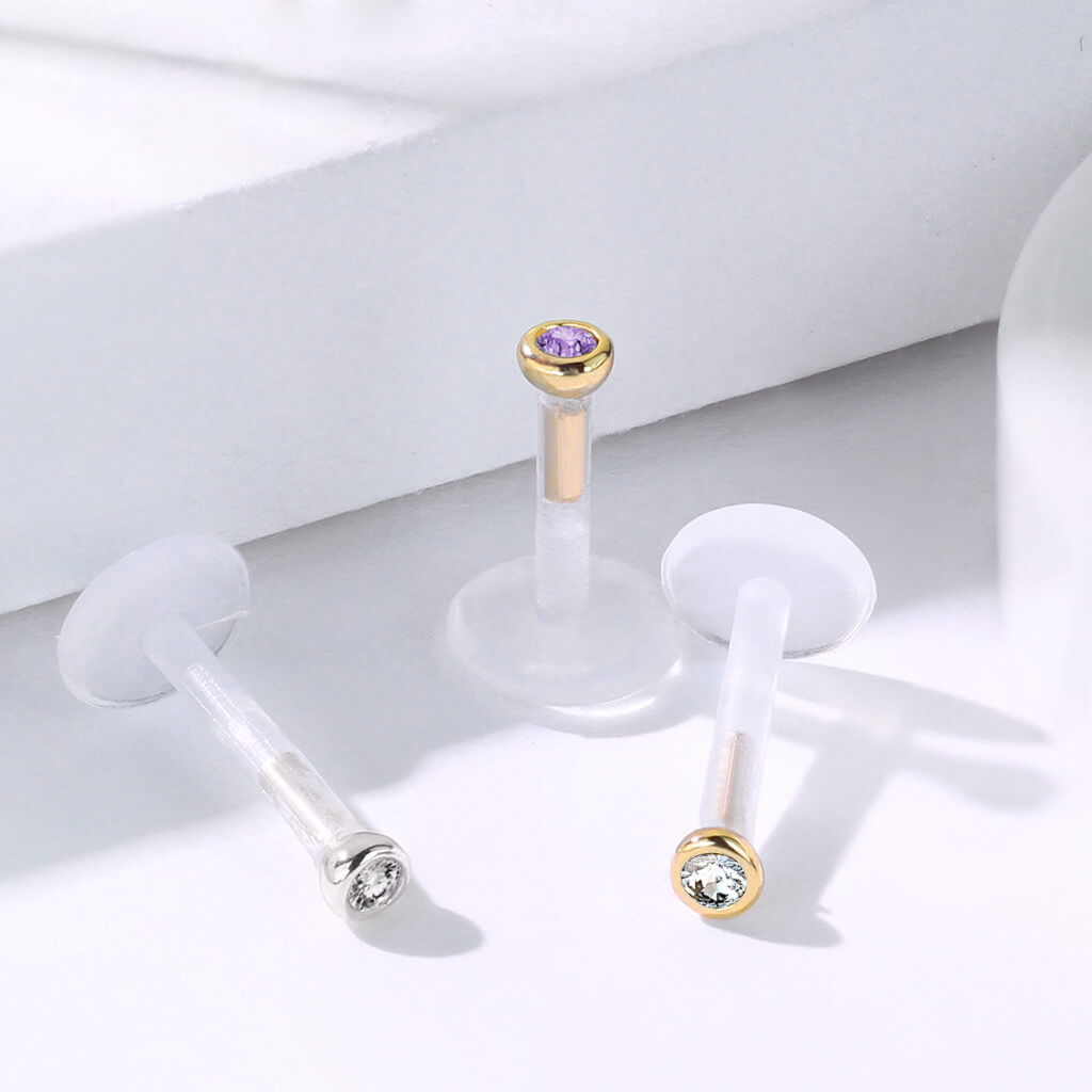 Oro 14 kt Labret Zircone rotondo  Push-In