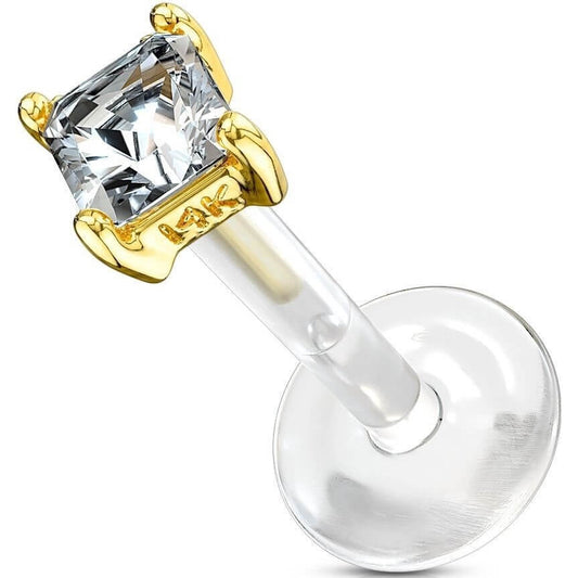 Solid Gold 14 Carat Labret Square Zirconia Push-In