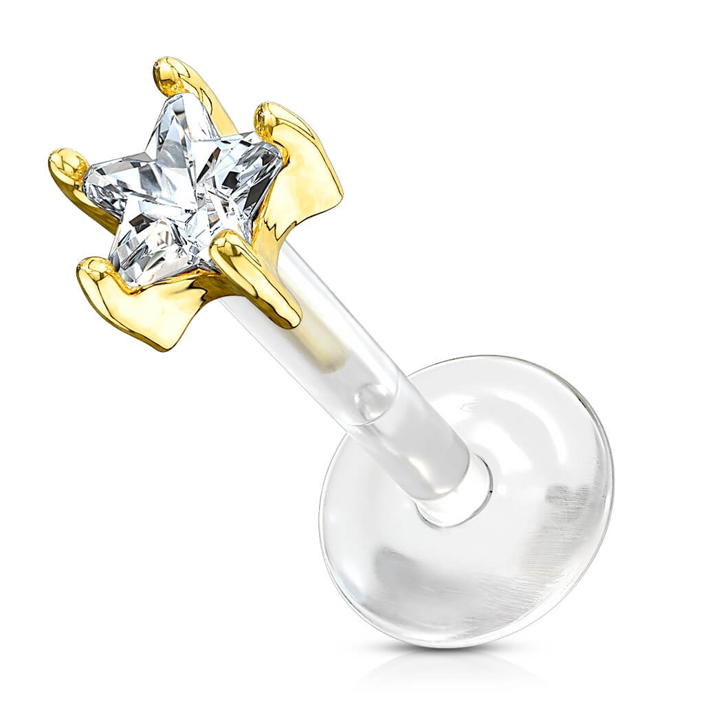 Solid Gold 14 Carat Labret Flower Zirconia Push-In