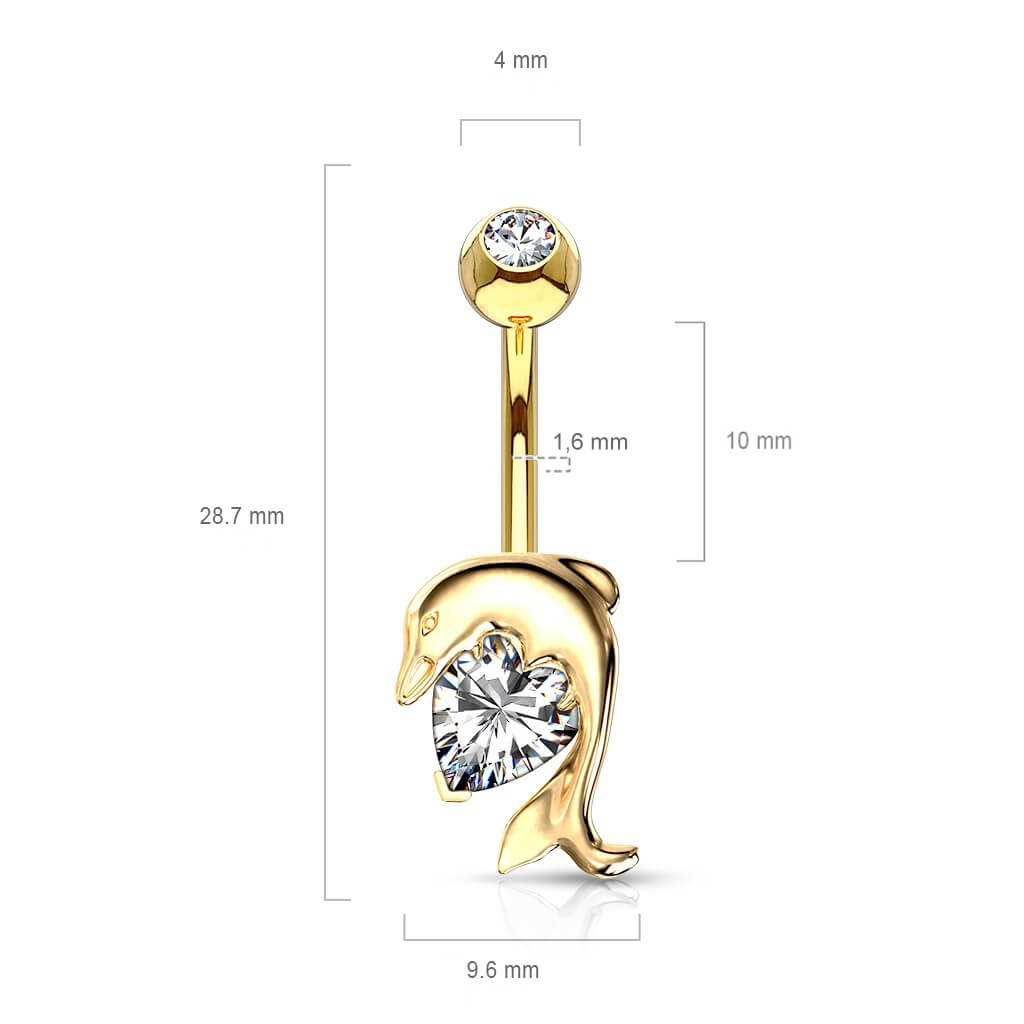 Solid Gold 14 Carat Belly Button Piercing Dolphin Zirconia