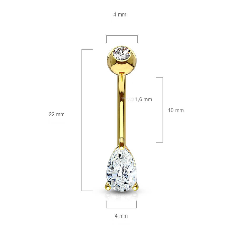 Oro 14 kt Piercing Ombelico Zircone a goccia 