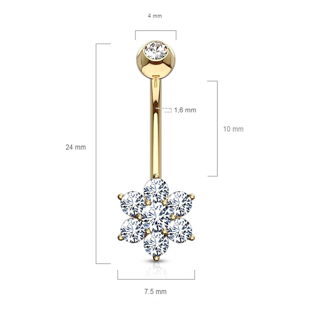 Solid Gold 14 Carat Belly Button Piercing Flower Zirconia