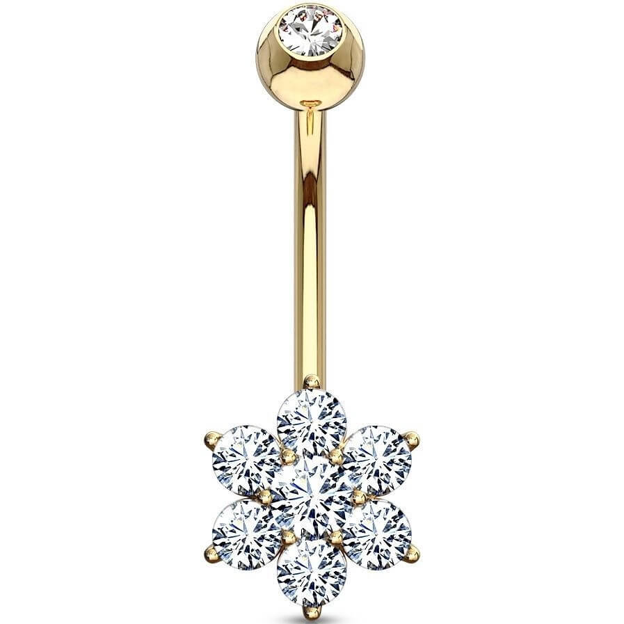 Solid Gold 14 Carat Belly Button Piercing Flower Zirconia