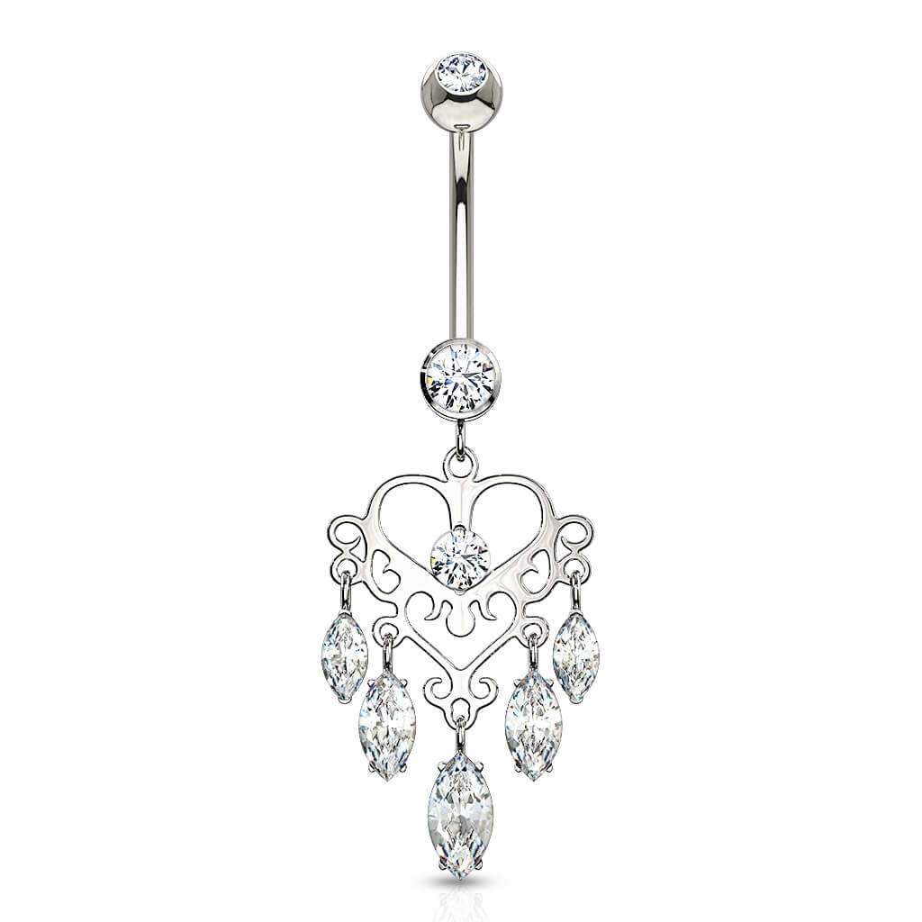 Oro 14 kt Piercing Ombelico Corona Lampadario con zirconi pendenti