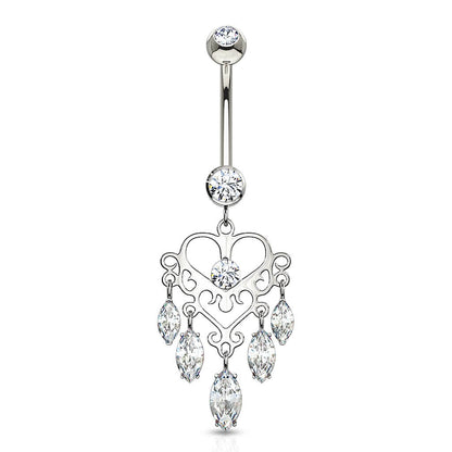 Oro 14 kt Piercing Ombelico Corona Lampadario con zirconi pendenti