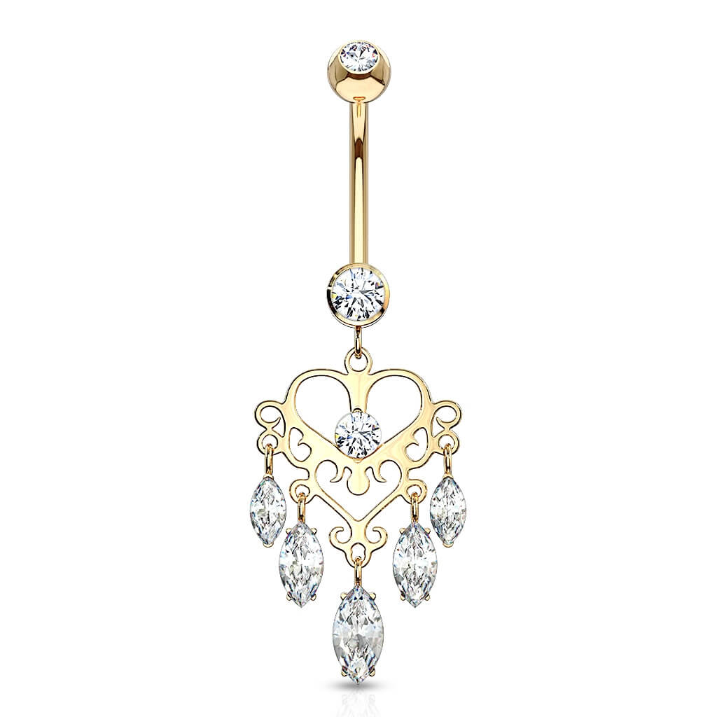 Solid Gold 14 Carat Belly Button Piercing Crown Chandelier Zirconia dangle