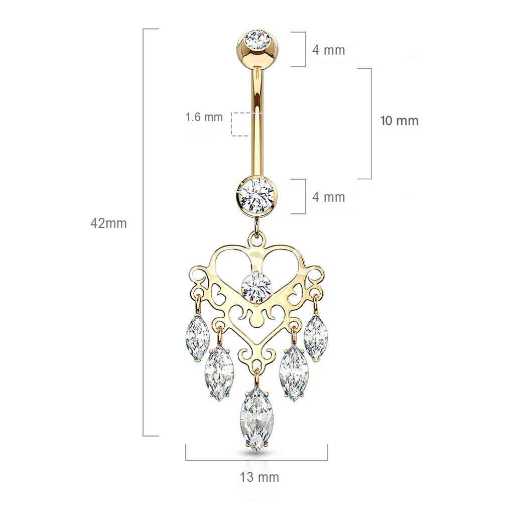 Solid Gold 14 Carat Belly Button Piercing Crown Chandelier Zirconia dangle