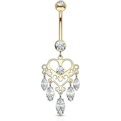 Solid Gold 14 Carat Belly Button Piercing Crown Chandelier Zirconia dangle