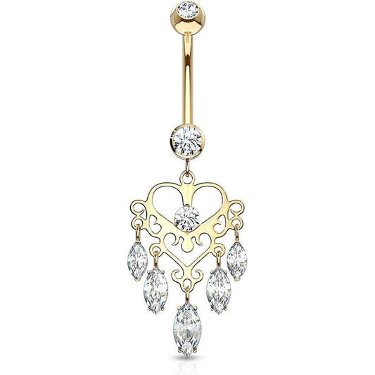 Oro 14 kt Piercing Ombelico Corona Lampadario con zirconi pendenti