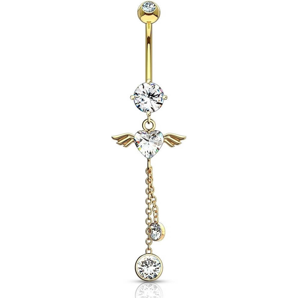 Or 14kt Piercing Nombril Pendentif Ailes d´Ange Zircone