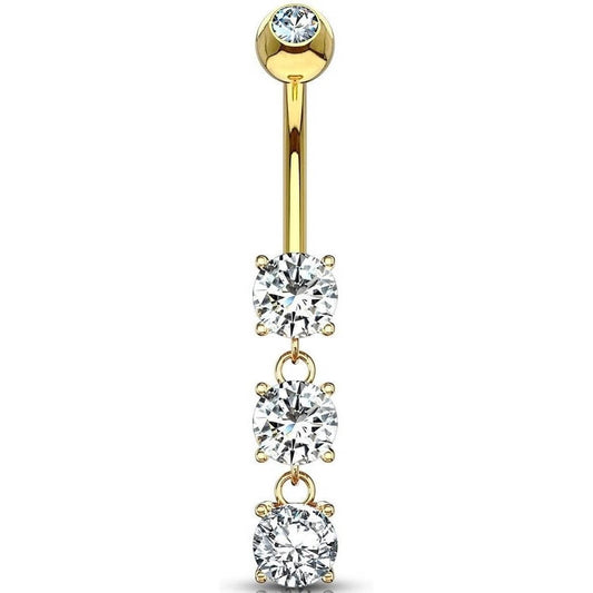 Solid Gold 14 Carat Belly Button Piercing 3 Zirconia dangle