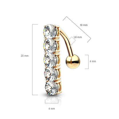 Oro 14 kt Piercing Ombelico Barra Topdown con Zirconi