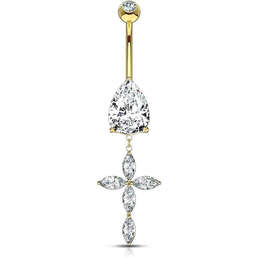 Or 14kt Piercing Nombril Pendentif Croix Zircone