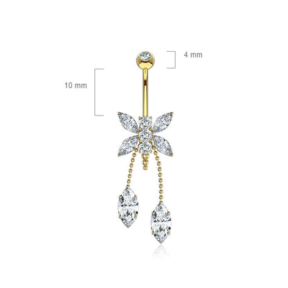 Oro 14kt Piercing ombligo Libélula con Gota Colgante Circonita