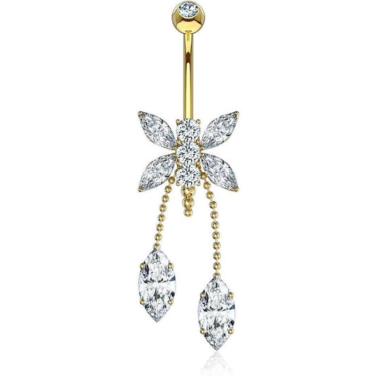 Or 14kt Piercing Nombril Pendentif Libellule Gouttes Zircone