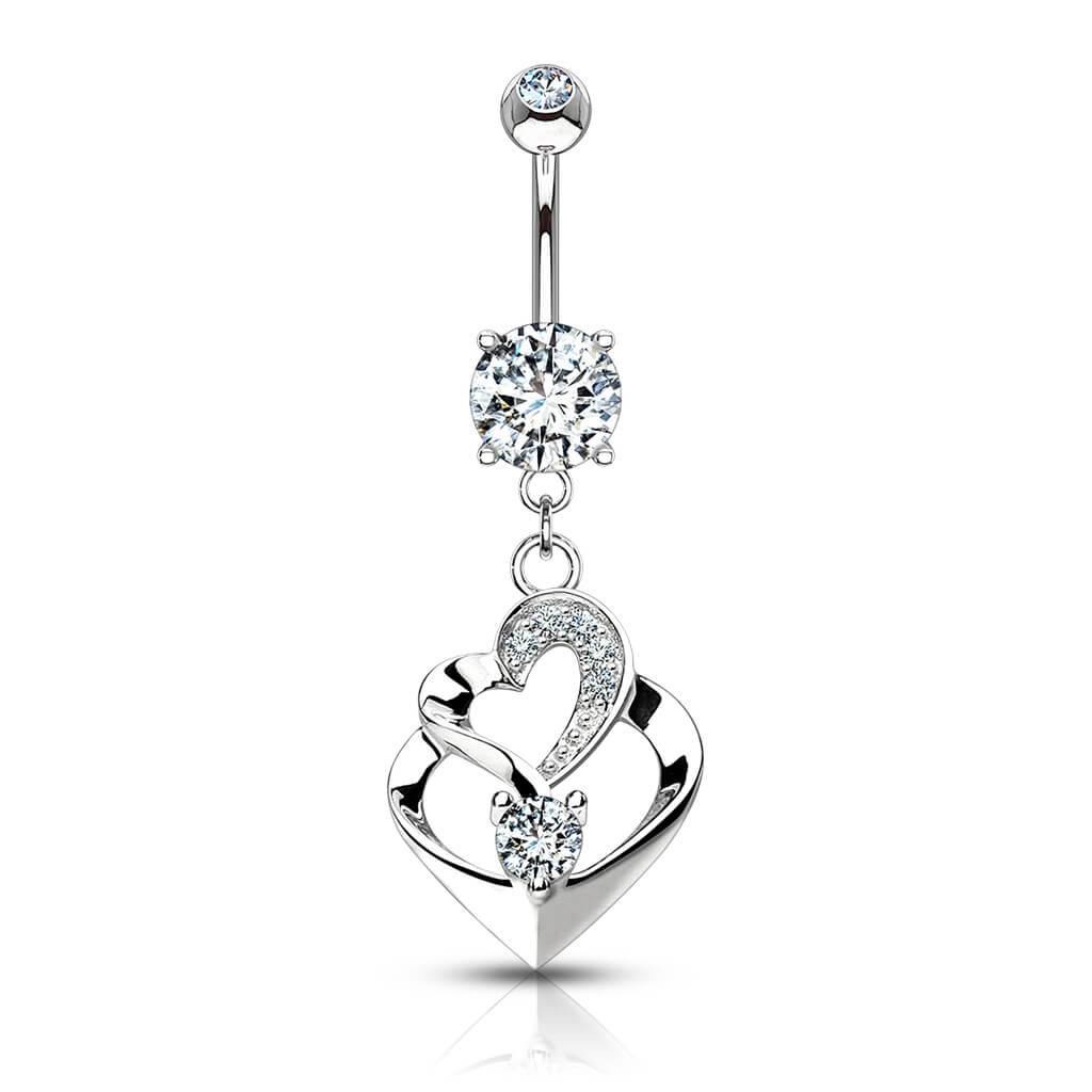 Or 14kt Piercing Nombril Pendentif Double Cœur Zircone