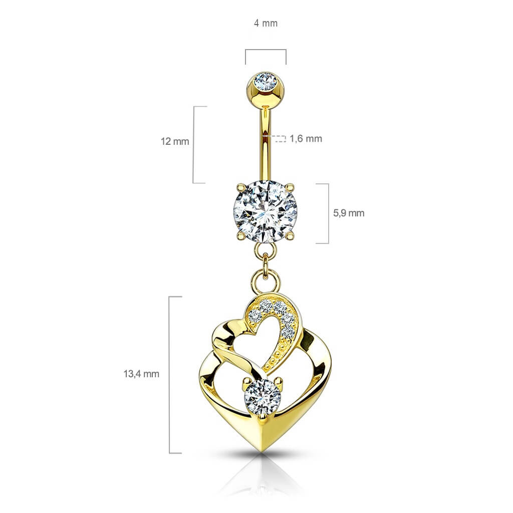 Oro 14kt Piercing ombligo Doble Corazon colgante Circonita