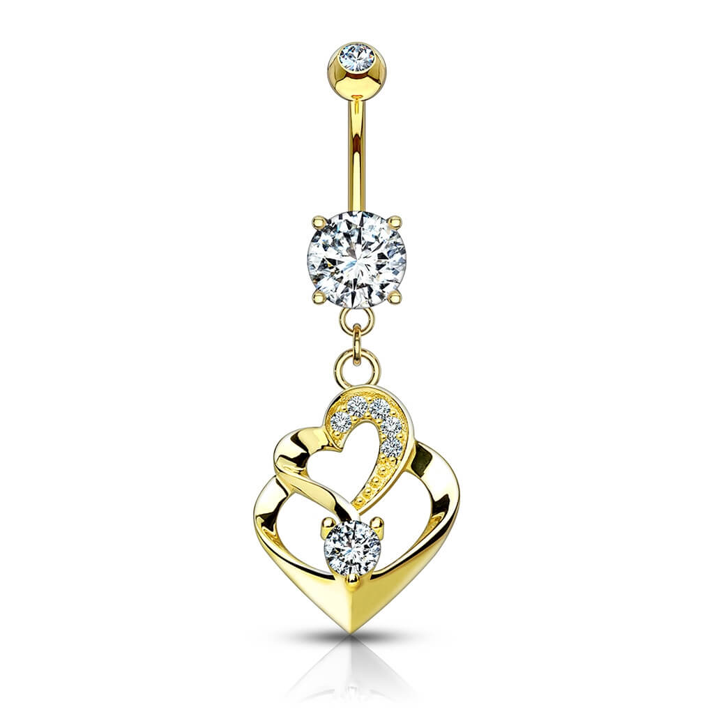 Solid Gold 14 Carat Belly Button Piercing Double Heart dangle Zirconia