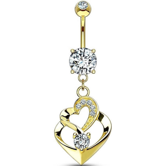 Oro 14kt Piercing ombligo Doble Corazon colgante Circonita