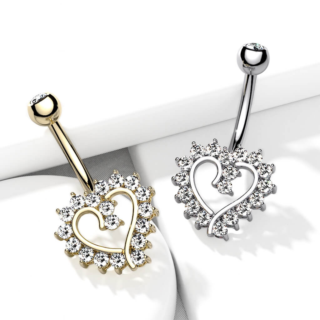 Solid Gold 14 Carat Belly Button Piercing Heart Zirconia