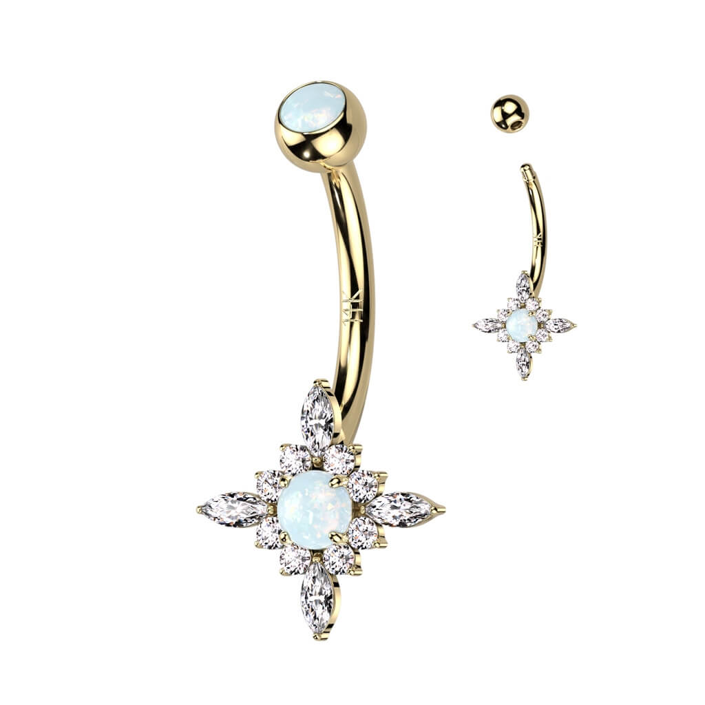 Solid Gold 14 Carat Belly Button Piercing Star Opal Zirconia