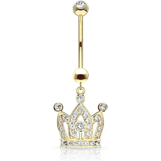 Or 14kt Piercing Nombril Pendentif Couronne Cubique Zircone