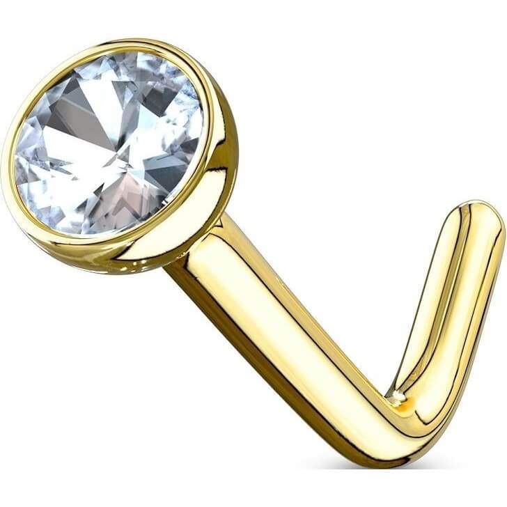 Solid Gold 14 Carat Nose L-Shape Zirconia Square