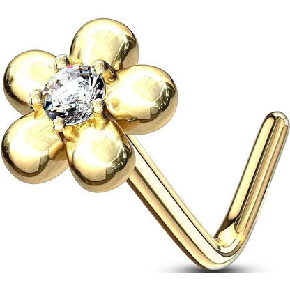 Oro 14kt Nariz en L Flor Circonita