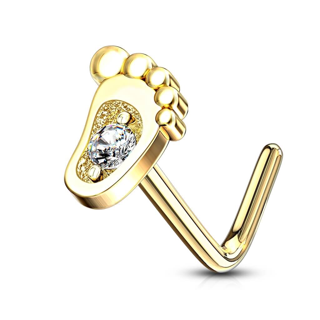 Solid Gold 14 Carat Nose L-Shape Foot Zirconia