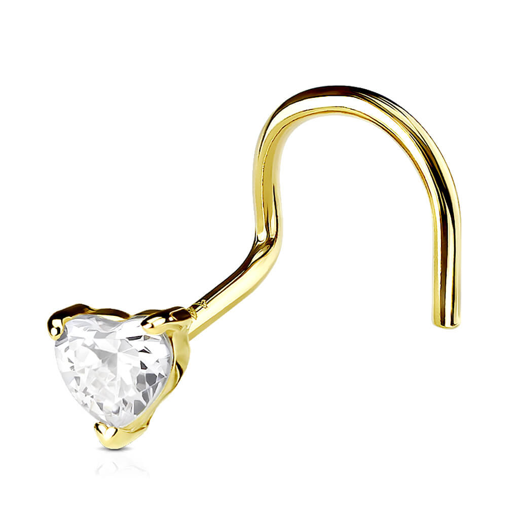 Solid Gold 14 Carat Nose Screw Heart Zirconia