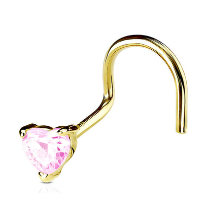 Solid Gold 14 Carat Nose Screw Heart Zirconia