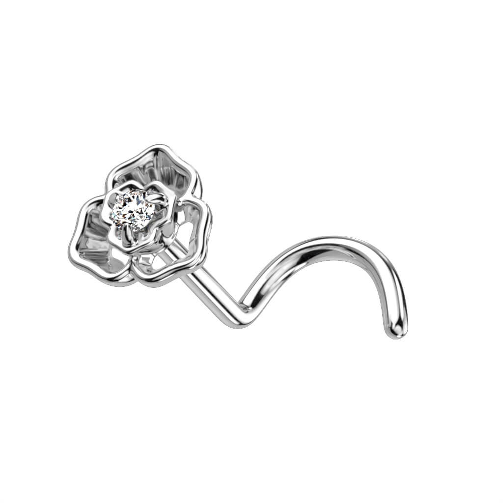 Solid Gold 14 Carat Nose Screw Flower Zirconia