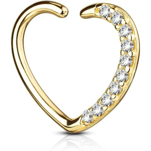 Oro 14 kt Anello Piercing  Cuore di zirconi Pieghevole