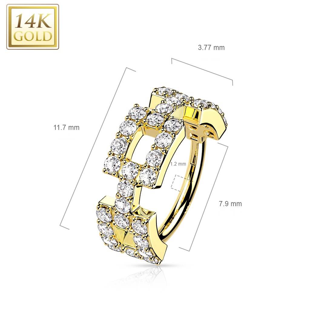 Oro 14 kt Anello Piercing Design fibia rettangolare di zirconi Clicker