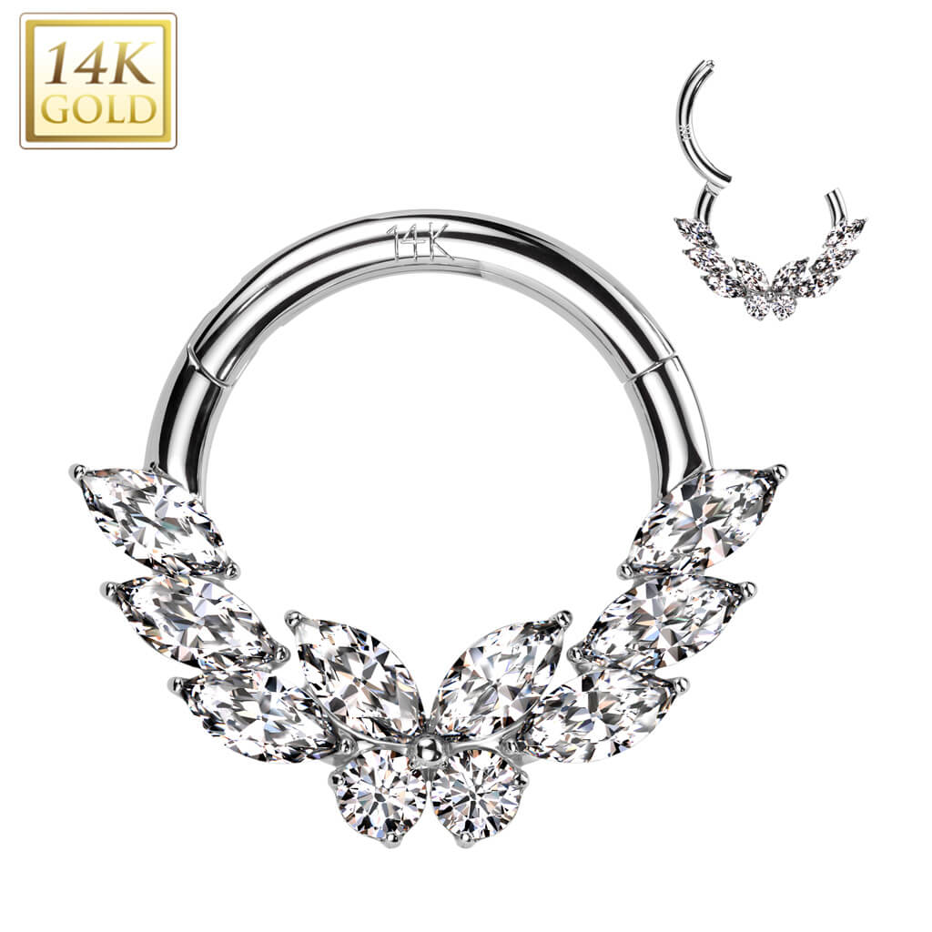 Oro 14 kt Anello Piercing Farfalla con Zirconi taglio Marquise Clicker